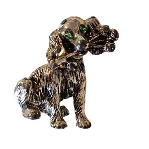 Vintage Puppy Dog Brooch Pin Silver Tone Green Eyes holding flowers